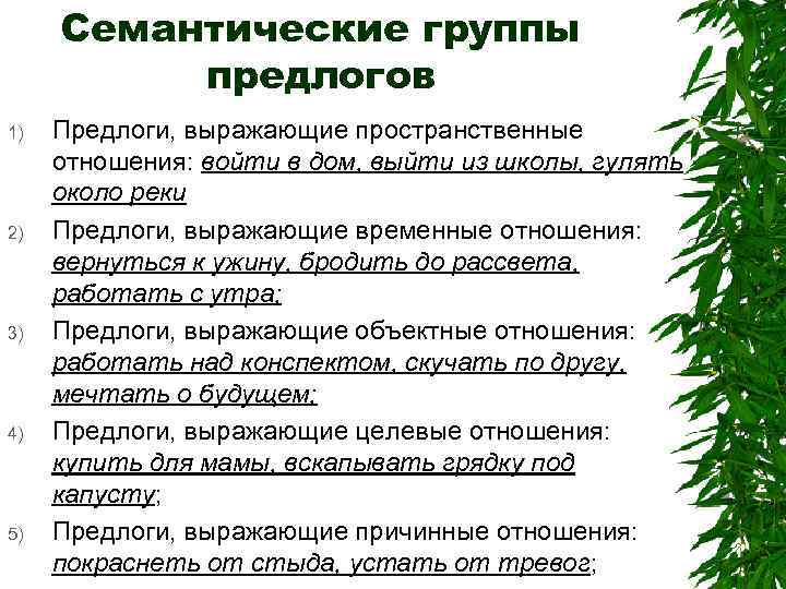 Семантические группы предлогов 1) 2) 3) 4) 5) Предлоги, выражающие пространственные отношения: войти в