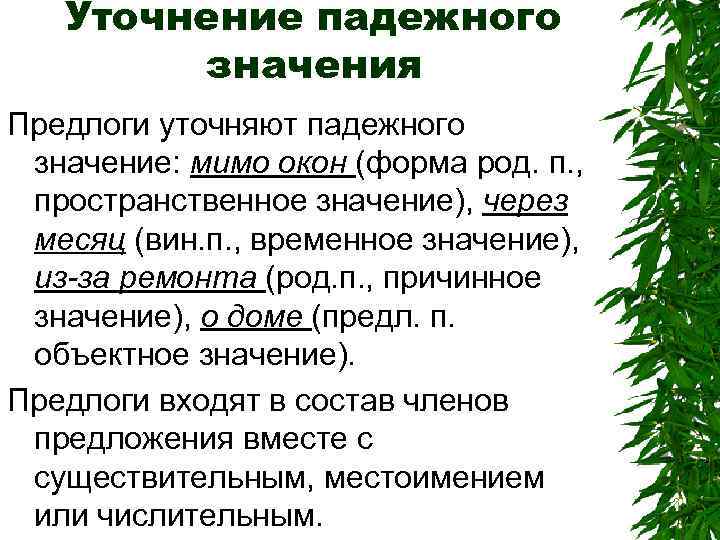 Уточнение падежного значения Предлоги уточняют падежного значение: мимо окон (форма род. п. , пространственное