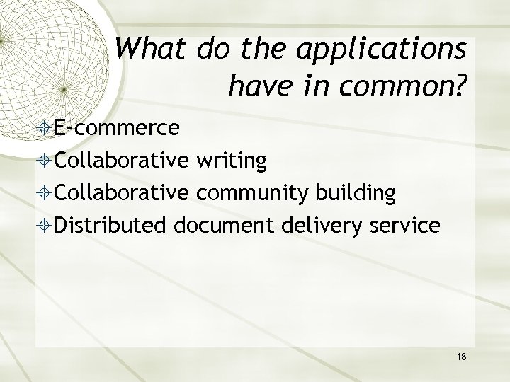 What do the applications have in common? E-commerce Collaborative writing Collaborative community building Distributed