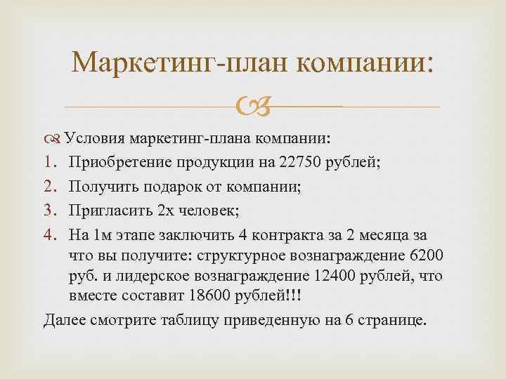 Маркетинг-план компании: Условия маркетинг-плана компании: 1. Приобретение продукции на 22750 рублей; 2. Получить подарок