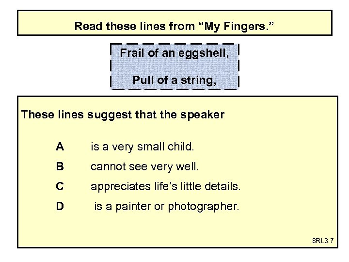 Read these lines from “My Fingers. ” Frail of an eggshell, Pull of a
