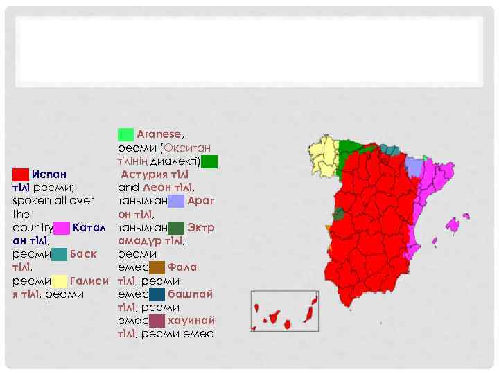 ██ Aranese, ресми (Окситан тілінің диалекті)██ Астурия тілі ██ Испан and Леон тілі, тілі