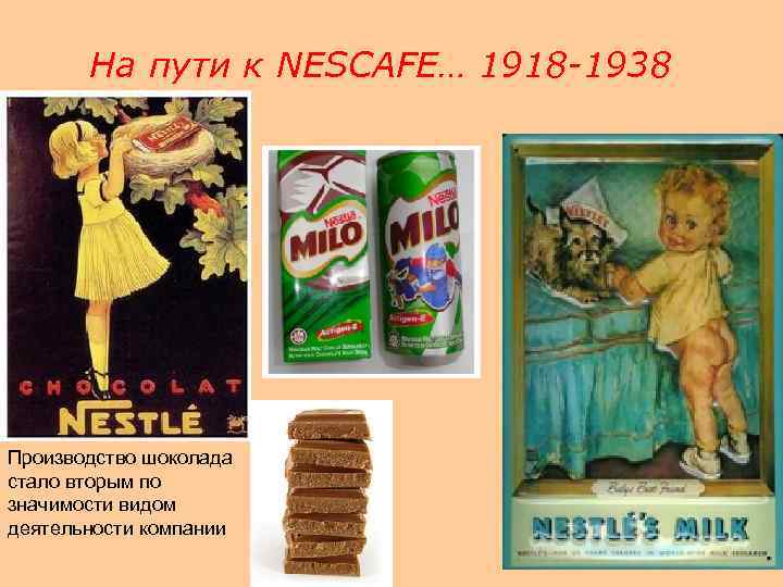 На пути к NESCAFE… 1918 -1938 Производство шоколада стало вторым по значимости видом деятельности