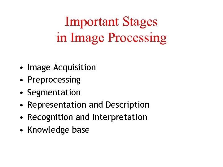 Important Stages in Image Processing • • • Image Acquisition Preprocessing Segmentation Representation and