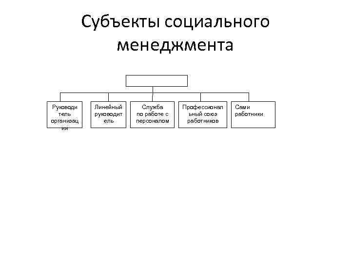 Субъекты социального менеджмента Руководи тель организац ии Линейный руководит ель Служба по работе с