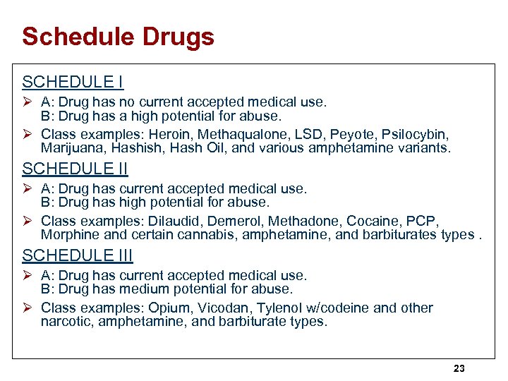Schedule Drugs SCHEDULE I Ø A: Drug has no current accepted medical use. B: