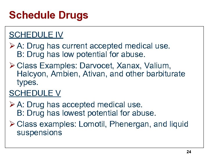 Schedule Drugs SCHEDULE IV Ø A: Drug has current accepted medical use. B: Drug