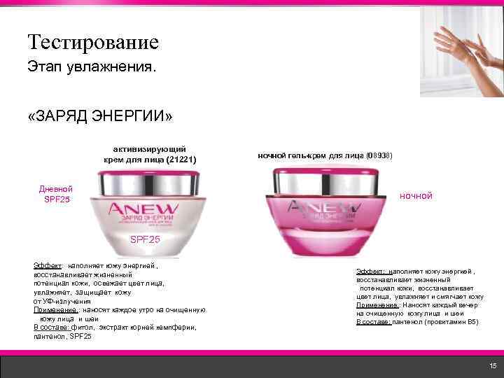 Тестирование Этап увлажнения. «ЗАРЯД ЭНЕРГИИ» активизирующий крем для лица (21221) Дневной SPF 25 ночной