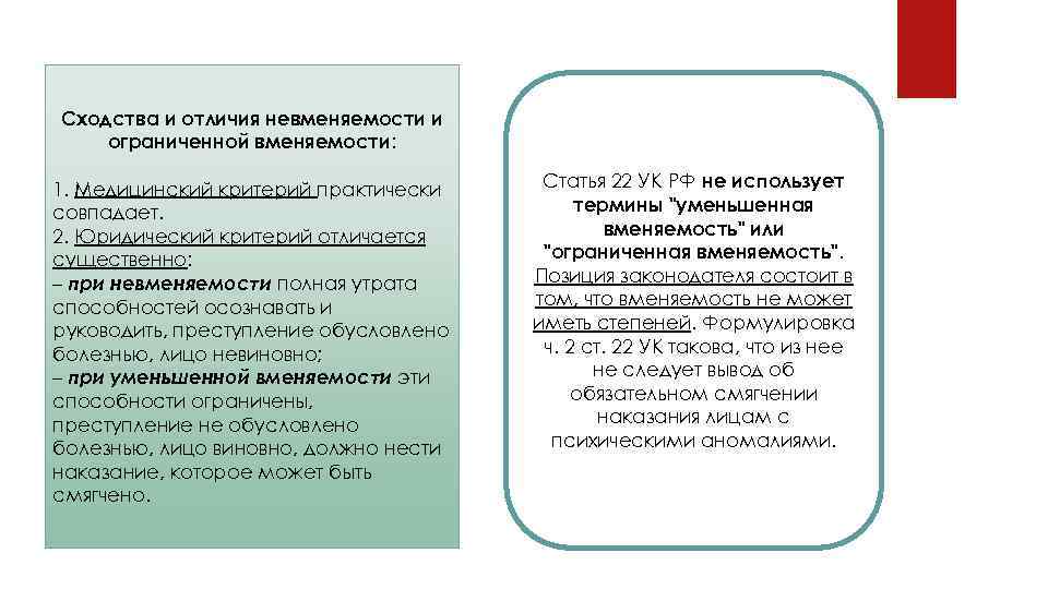 Сходства и отличия невменяемости и ограниченной вменяемости: 1. Медицинский критерий практически совпадает. 2. Юридический