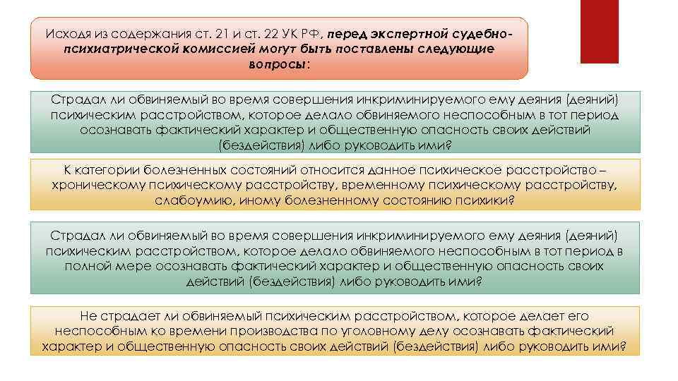 Исходя из содержания ст. 21 и ст. 22 УК РФ, перед экспертной судебнопсихиатрической комиссией