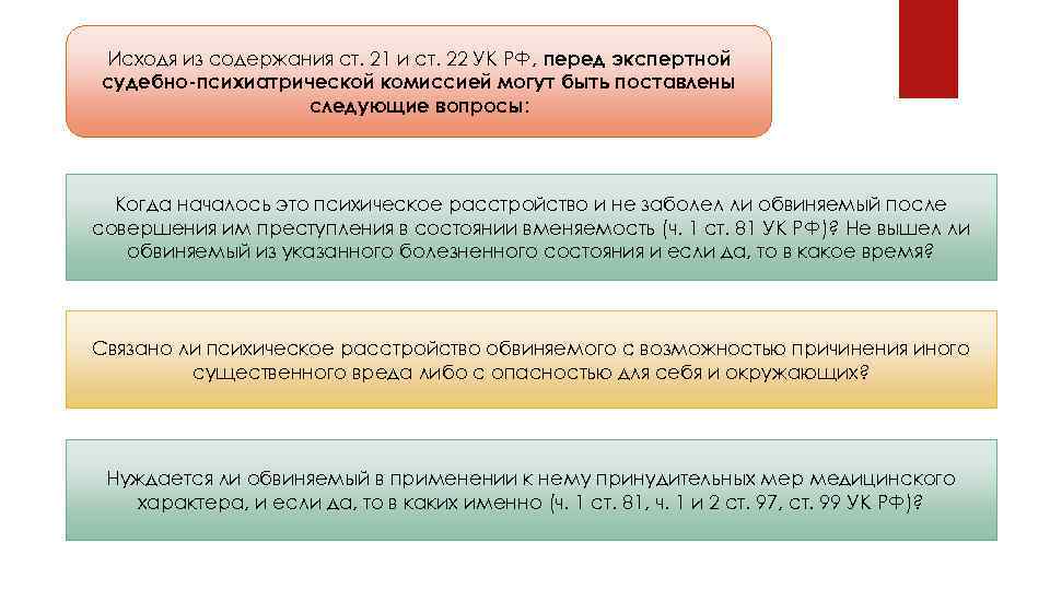 Исходя из содержания ст. 21 и ст. 22 УК РФ, перед экспертной судебно-психиатрической комиссией