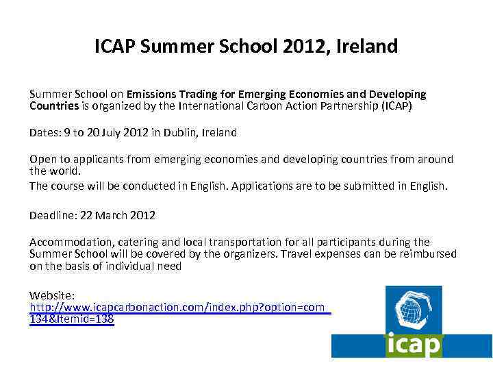 ICAP Summer School 2012, Ireland Summer School on Emissions Trading for Emerging Economies and