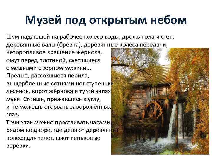 Музей под открытым небом Шум падающей на рабочее колесо воды, дрожь пола и стен,