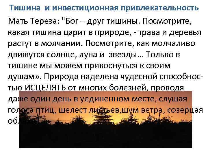 Тишина и инвестиционная привлекательность Мать Тереза: "Бог – друг тишины. Посмотрите, какая тишина царит