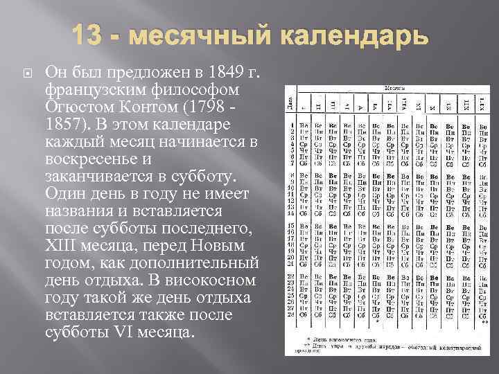 13 - месячный календарь Он был предложен в 1849 г. французским философом Огюстом Контом