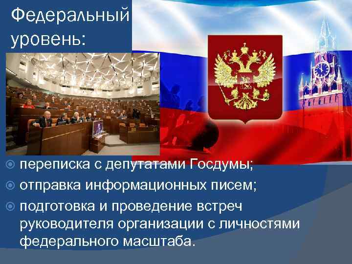 Федеральный уровень: переписка с депутатами Госдумы; отправка информационных писем; подготовка и проведение встреч руководителя