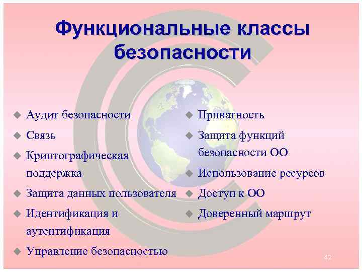 Функциональные классы безопасности u Аудит безопасности u Приватность u Связь u u Криптографическая поддержка