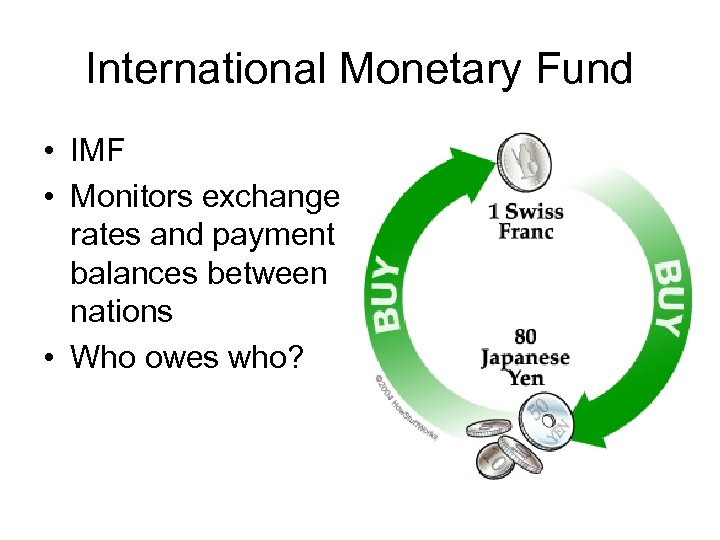 International Monetary Fund • IMF • Monitors exchange rates and payment balances between nations
