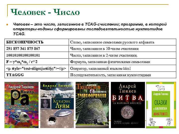 Человек - Число n Человек – это число, записанное в TCAG-счислении; программа, в которой