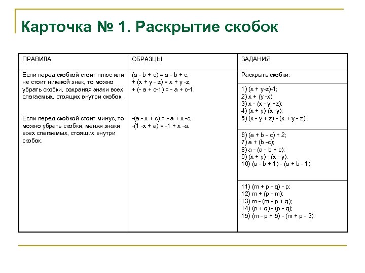 Карточка № 1. Раскрытие скобок ПРАВИЛА ОБРАЗЦЫ ЗАДАНИЯ Если перед скобкой стоит плюс или