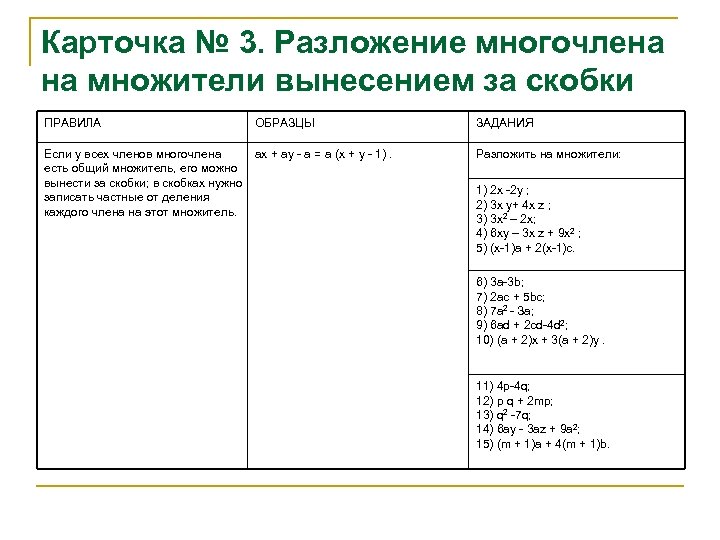 Карточка № 3. Разложение многочлена на множители вынесением за скобки ПРАВИЛА ОБРАЗЦЫ ЗАДАНИЯ Если