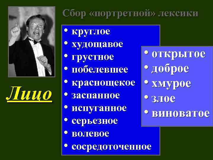 Сбор «портретной» лексики Лицо • круглое • худощавое • открытое • грустное • побелевшее