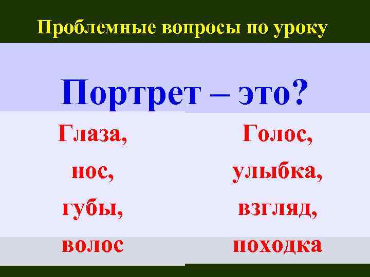 Проблемные вопросы по уроку Портрет – это? Глаза, Голос, нос, губы, волос улыбка, взгляд,