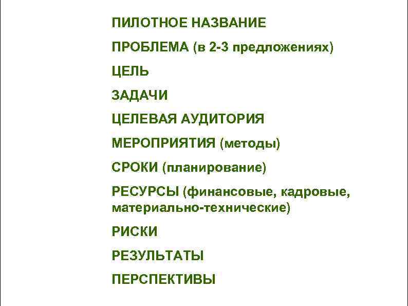 ПИЛОТНОЕ НАЗВАНИЕ ПРОБЛЕМА (в 2 -3 предложениях) ЦЕЛЬ ЗАДАЧИ ЦЕЛЕВАЯ АУДИТОРИЯ МЕРОПРИЯТИЯ (методы) СРОКИ