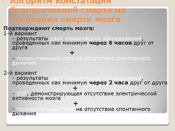 Алгоритм констатации биологической смерти на основании смерти мозга Подтверждают смерть мозга: 1 -й вариант