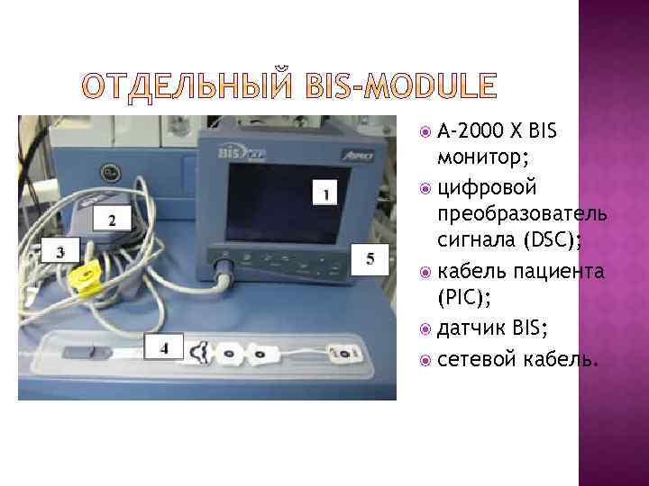 А-2000 X BIS монитор; цифровой преобразователь сигнала (DSC); кабель пациента (PIC); датчик BIS; сетевой