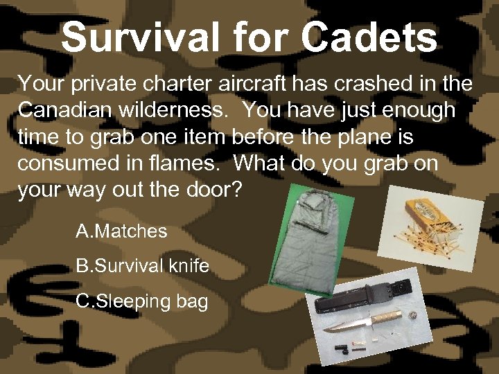 Survival for Cadets Your private charter aircraft has crashed in the Canadian wilderness. You