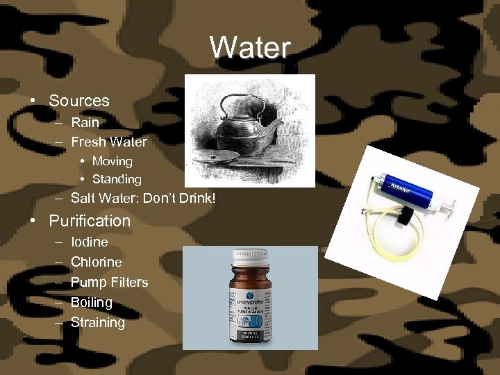 Water • Sources – Rain – Fresh Water • Moving • Standing – Salt