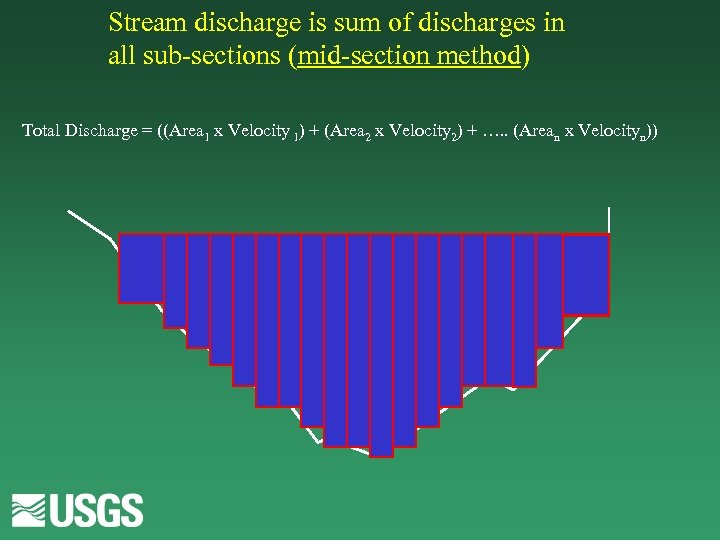 Stream discharge is sum of discharges in all sub-sections (mid-section method) Total Discharge =