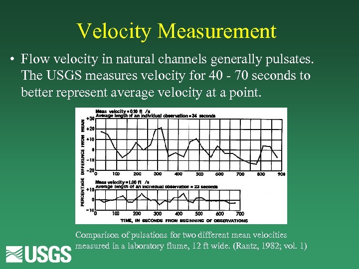 Velocity Measurement • Flow velocity in natural channels generally pulsates. The USGS measures velocity