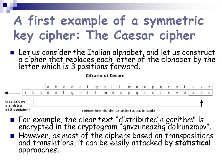 A first example of a symmetric key cipher: The Caesar cipher n n n