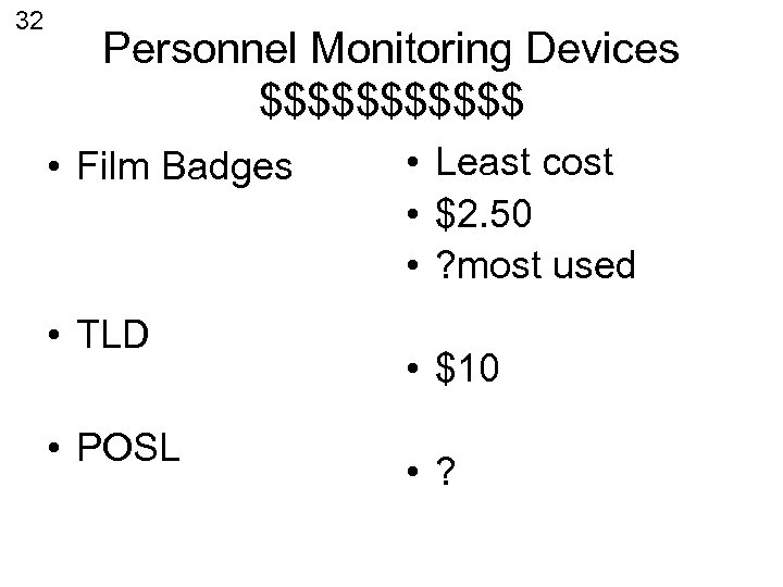 32 Personnel Monitoring Devices $$$$$$ • Film Badges • TLD • POSL • Least