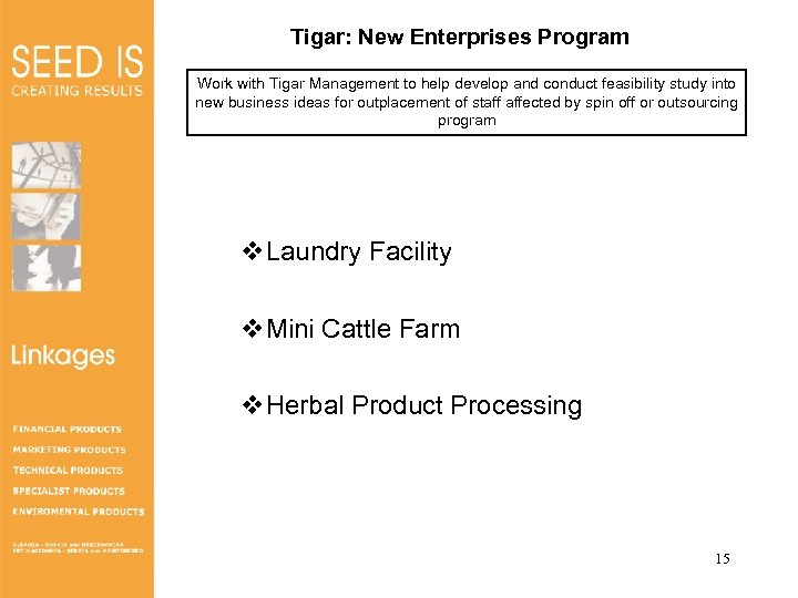 Tigar: New Enterprises Program Work with Tigar Management to help develop and conduct feasibility
