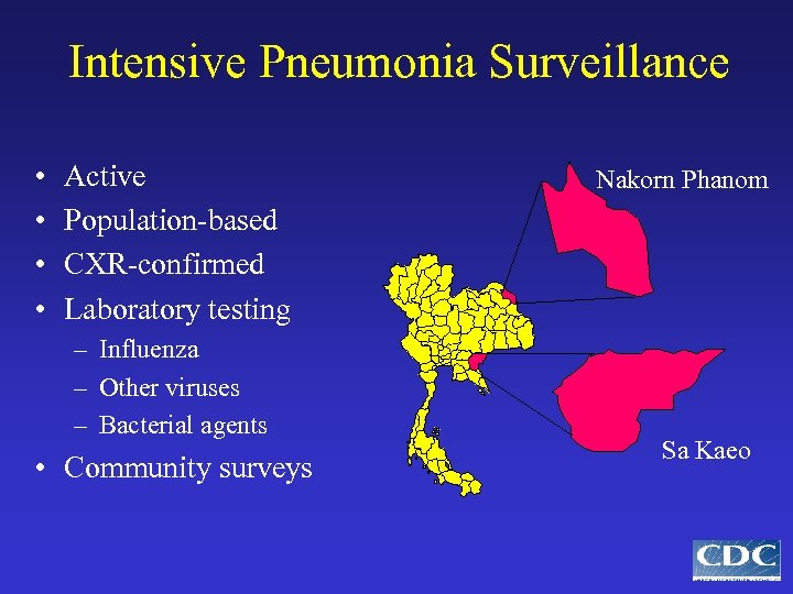 Intensive Pneumonia Surveillance • • Active Population-based CXR-confirmed Laboratory testing – Influenza – Other