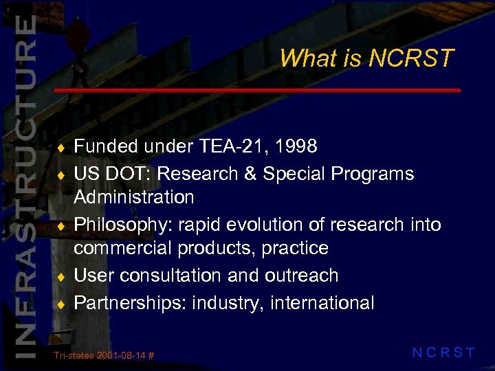 What is NCRST ¨ ¨ ¨ Funded under TEA-21, 1998 US DOT: Research &