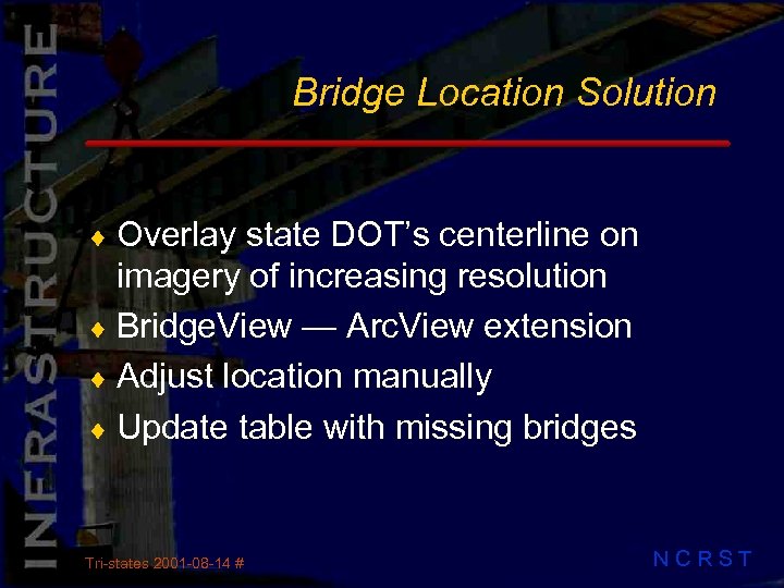 Bridge Location Solution ¨ Overlay state DOT’s centerline on imagery of increasing resolution ¨