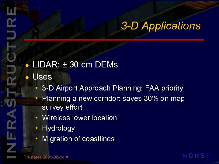 3 -D Applications LIDAR: ± 30 cm DEMs ¨ Uses ¨ • 3 -D