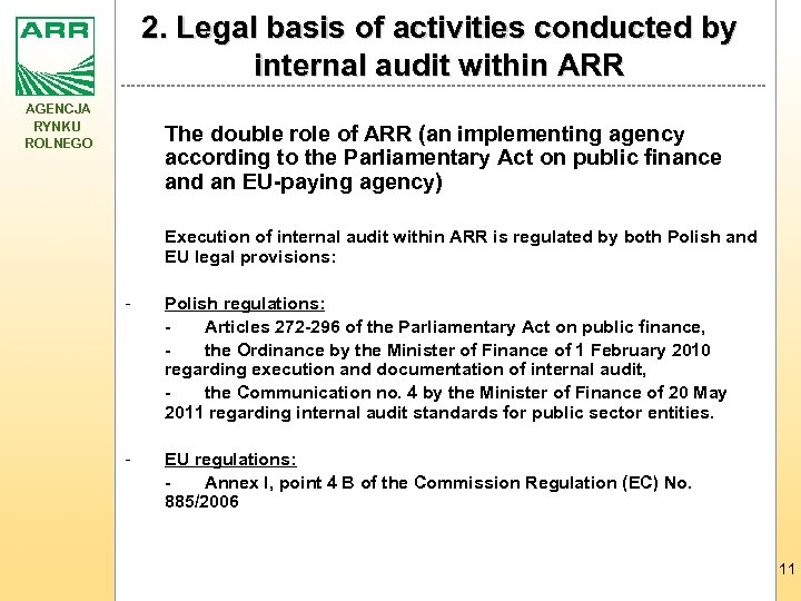 2. Legal basis of activities conducted by internal audit within ARR AGENCJA RYNKU ROLNEGO