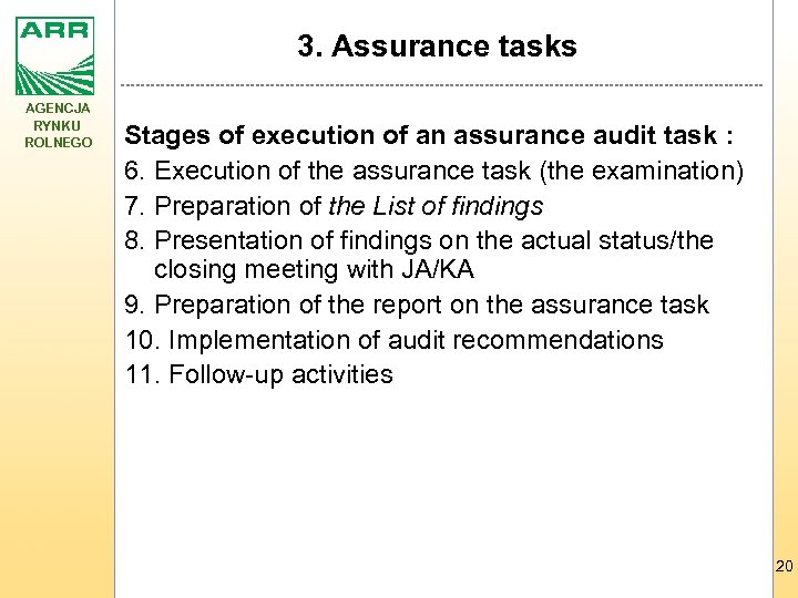 3. Assurance tasks AGENCJA RYNKU ROLNEGO Stages of execution of an assurance audit task