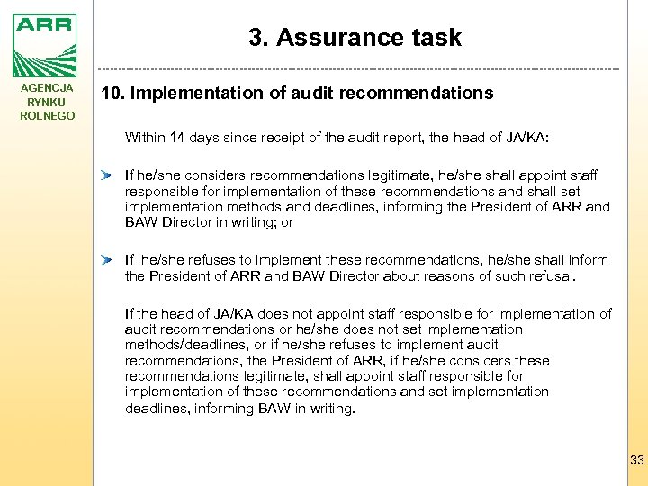 3. Assurance task AGENCJA RYNKU ROLNEGO 10. Implementation of audit recommendations Within 14 days