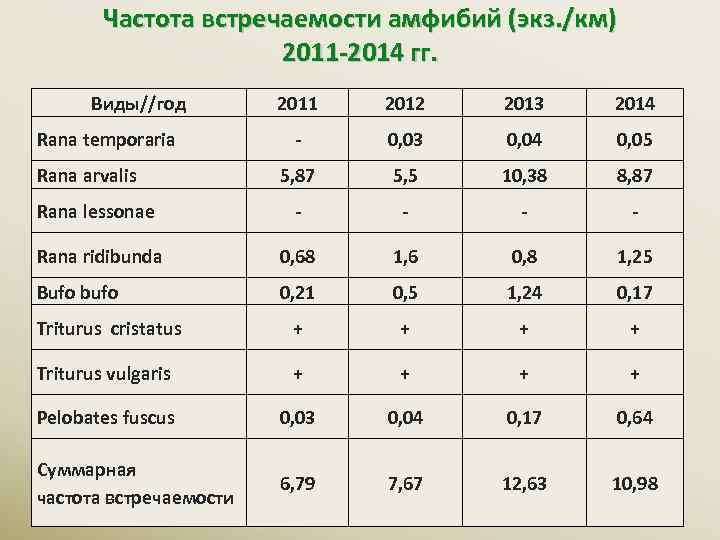 Частота встречаемости амфибий (экз. /км) 2011 -2014 гг. Виды//год 2011 2012 2013 2014 -