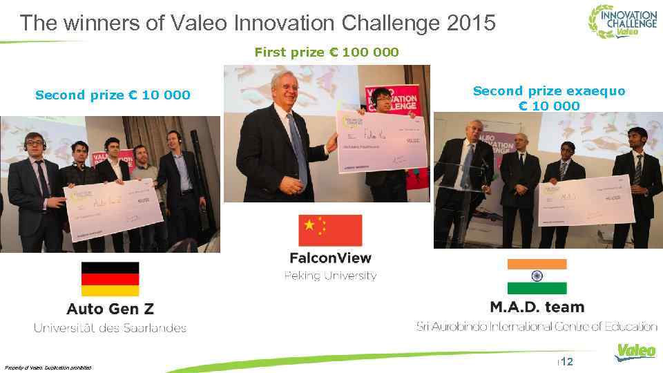 The winners of Valeo Innovation Challenge 2015 First prize € 100 000 Second prize