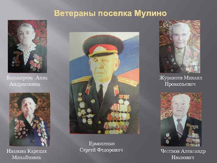 Ветераны поселка Мулино Балакирева Анна Андрияновна Иванова Карелия Михайловна Журавлев Михаил Прокопьевич Ермоленко Сергей