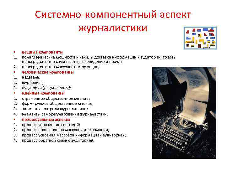 Системно-компонентный аспект журналистики • 1. 2. 3. 4. вещные компоненты полиграфические мощности и каналы