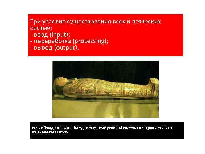 Три условия существования всех и всяческих систем: - ввод (input); - переработка (processing); -
