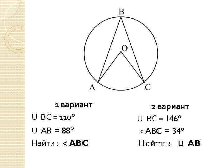 1 вариант U ВС = 110° U AB = 88° Найти : < ABC
